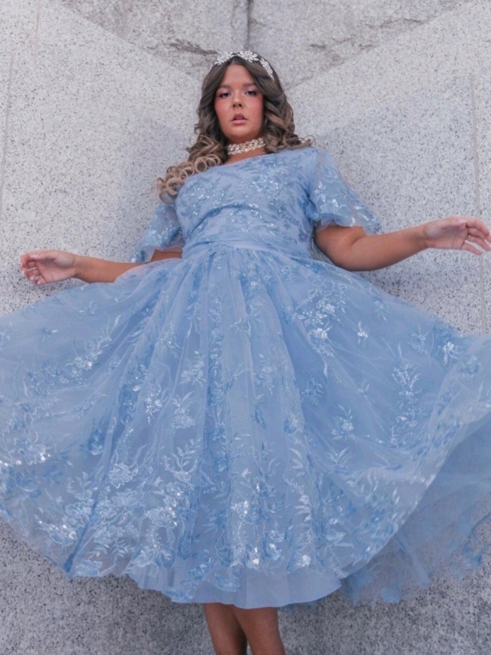 JessaKae Light Blue Sequin Floral Maxi Dress